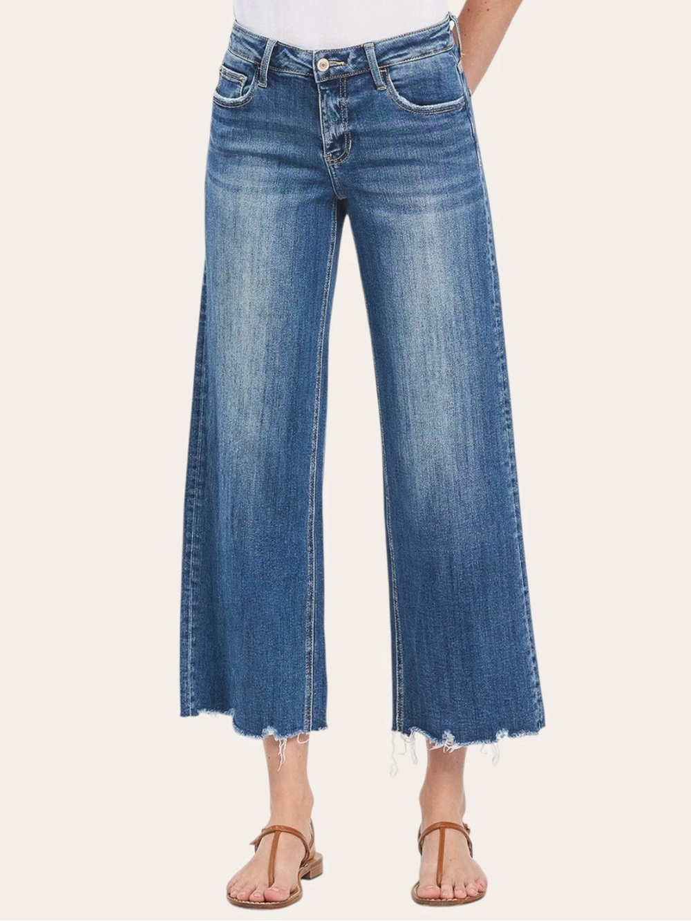 LOVERVET Mid Rise Wide Leg Dark Wash Raw Hem Ankle Cropped Jeans